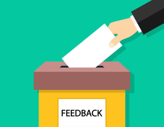 Feedback box. Hand holding paper card for feedback. Icon of suggestion. Poll and suggest for customer. Submission of comment in box. Review of customers. Vector.