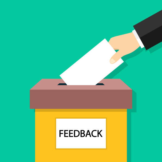 Feedback box. Hand holding paper card for feedback. Icon of suggestion. Poll and suggest for customer. Submission of comment in box. Review of customers. Vector.